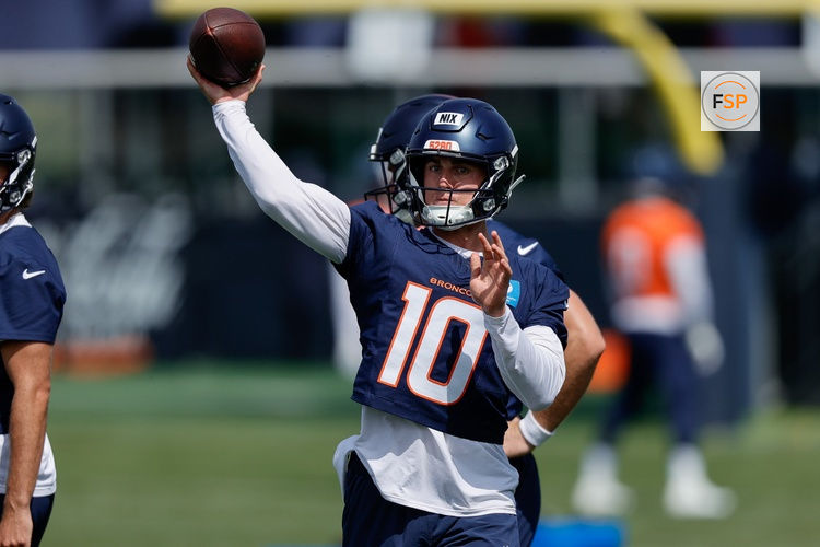 Jul 24, 2025; Englewood, CO, USA; Denver Broncos quarterback Bo Nix (10) during Denver Broncos Training Camp. Credit: Isaiah J. Downing-Imagn Images