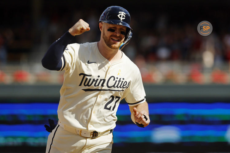 Sep 1, 2024; Minneapolis, Minnesota, USA; Minnesota Twins catcher Ryan Jeffers (27) runs the bases on the three-run home run by third baseman Royce Lewis (not pictured) against the Toronto Blue Jays in the eighth inning at Target Field. Credit: Bruce Kluckhohn-USA TODAY Sports