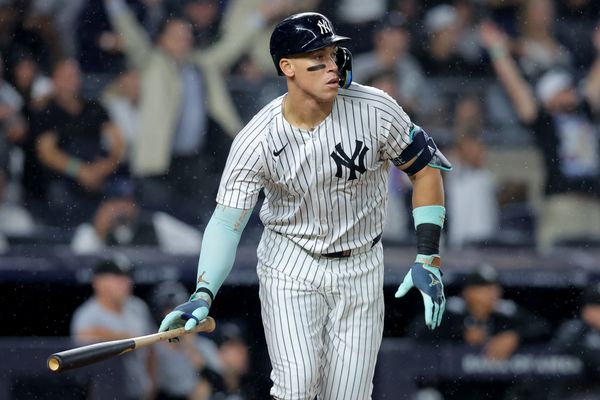 Sep 24, 2025; Bronx, New York, USA; New York Yankees right fielder Aaron Judge (99) watches his solo home run against the Chicago White Sox during the eighth inning at Yankee Stadium. The home run was his second of the game. Mandatory Credit: Brad Penner-Imagn Images