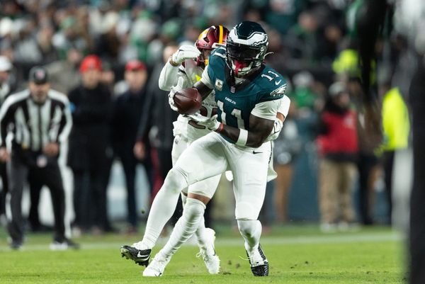 Nov 14, 2024; Philadelphia, Pennsylvania, USA; Philadelphia Eagles wide receiver A.J. Brown (11) makes a catch in front of Washington Commanders cornerback Benjamin St-Juste (25) during the second quarter at Lincoln Financial Field. Mandatory Credit: Bill Streicher-Imagn Images