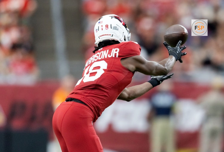 Aug 9, 2025; Glendale, Arizona, USA; Arizona Cardinals wide receiver Marvin Harrison Jr. (18) against the Kansas City Chiefs during a preseason NFL game at State Farm Stadium. Credit: Mark J. Rebilas-Imagn Images