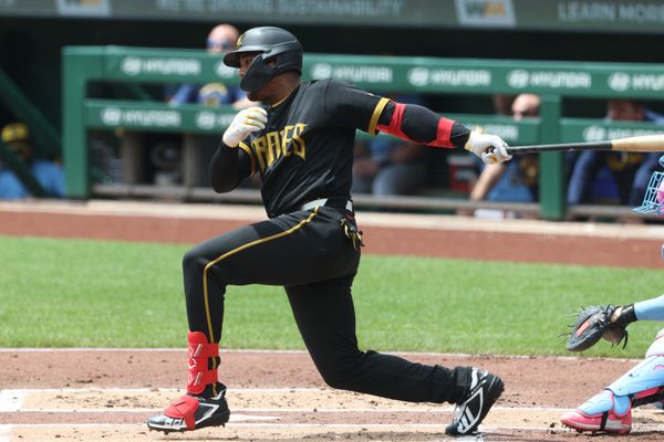 Jul 11, 2026; Pittsburgh, Pennsylvania, USA;  Pittsburgh Pirates right fielder Esmerlyn Valdez (55) hits an RBI single against the Milwaukee Brewers during the first inning at PNC Park. Mandatory Credit: Charles LeClaire-Imagn Images