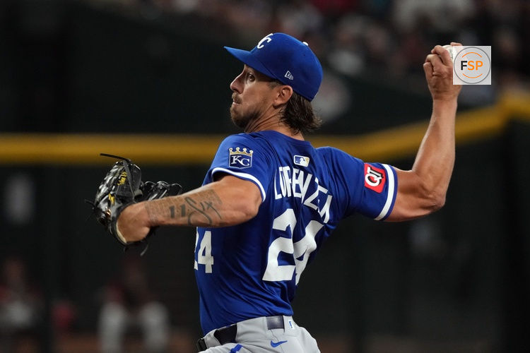 Jul 6, 2025; Phoenix, Arizona, USA; Kansas City Royals pitcher Michael Lorenzen (24) throws against the Arizona Diamondbacks in the first inning at Chase Field. Credit: Rick Scuteri-Imagn Images