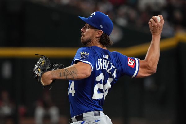 Jul 6, 2025; Phoenix, Arizona, USA; Kansas City Royals pitcher Michael Lorenzen (24) throws against the Arizona Diamondbacks in the first inning at Chase Field. Mandatory Credit: Rick Scuteri-Imagn Images