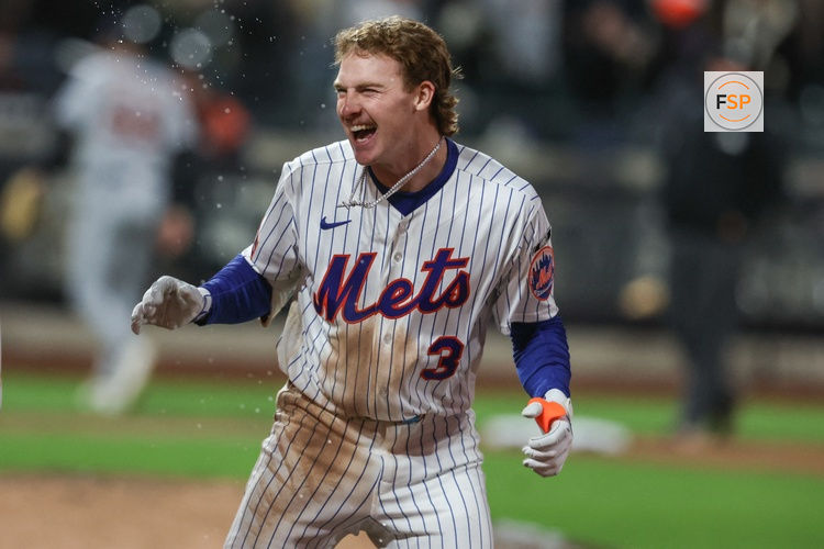 May 13, 2026; New York City, New York, USA;  New York Mets right fielder Carson Benge (3) celebrates after hitting a game winning RBI single in the tenth inning against the Detroit Tigers at Citi Field. Credit: Wendell Cruz-Imagn Images