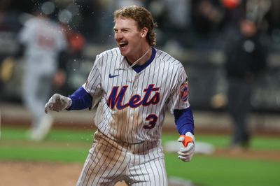 May 13, 2026; New York City, New York, USA;  New York Mets right fielder Carson Benge (3) celebrates after hitting a game winning RBI single in the tenth inning against the Detroit Tigers at Citi Field. Mandatory Credit: Wendell Cruz-Imagn Images