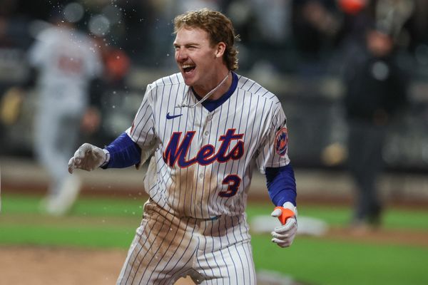 May 13, 2026; New York City, New York, USA;  New York Mets right fielder Carson Benge (3) celebrates after hitting a game winning RBI single in the tenth inning against the Detroit Tigers at Citi Field. Mandatory Credit: Wendell Cruz-Imagn Images
