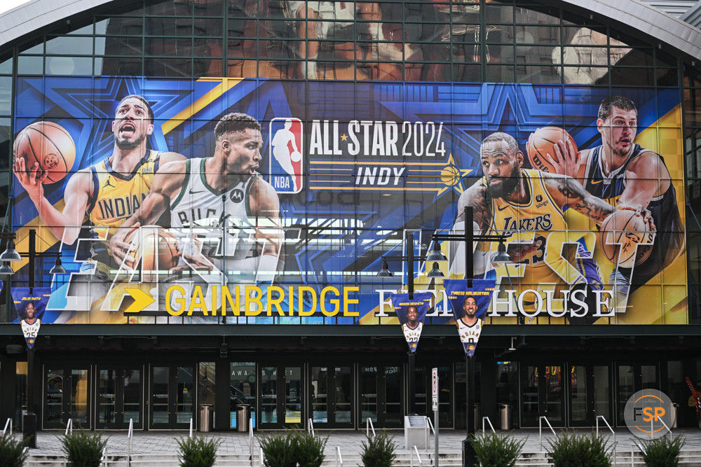 INDIANAPOLIS, IN - FEBRUARY 10: 2024 NBA All-Star game signage featuring Indiana Pacers point guard Tyrese Haliburton (0), Milwaukee Bucks forward Giannis Antetokounmpo (34), Los Angeles Lakers forward LeBron James (23) and Denver Nuggets center Nikola Jokic (15) displayed on the front of Gainbridge Fieldhouse prior to the 2024 NBA All-Star game at Gainbridge Fieldhouse on February 10, 2024 in Indianapolis, IN. (Photo by James Black/Icon Sportswire)