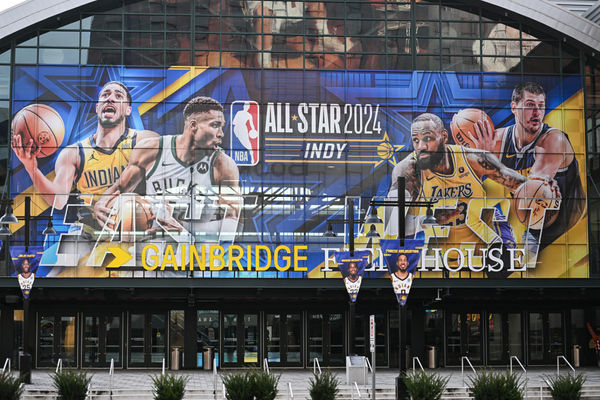 INDIANAPOLIS, IN - FEBRUARY 10: 2024 NBA All-Star game signage featuring Indiana Pacers point guard Tyrese Haliburton (0), Milwaukee Bucks forward Giannis Antetokounmpo (34), Los Angeles Lakers forward LeBron James (23) and Denver Nuggets center Nikola Jokic (15) displayed on the front of Gainbridge Fieldhouse prior to the 2024 NBA All-Star game at Gainbridge Fieldhouse on February 10, 2024 in Indianapolis, IN. (Photo by James Black/Icon Sportswire)