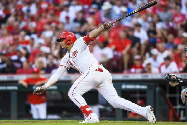 Aug 13, 2025; Cincinnati, Ohio, USA; Cincinnati Reds outfielder Noelvi Marte (16) hits a single in the sixth inning against the Philadelphia Phillies at Great American Ball Park. Cincinnati Reds outfielder Austin Hays (not pictured) and outfielder Noelvi Marte (16) score on a throwing error by Philadelphia Phillies outfielder Brandon Marsh (not pictured) and starting pitcher Cristopher Sanchez (not pictured). Mandatory Credit: Katie Stratman-Imagn Images