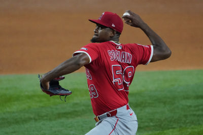 Apr 16, 2025; Arlington, Texas, USA; Los Angeles Angels starting pitcher Jose Soriano (59) throws to the plate during the sixth inning against the Texas Rangers at Globe Life Field. Mandatory Credit: Raymond Carlin III-Imagn Images