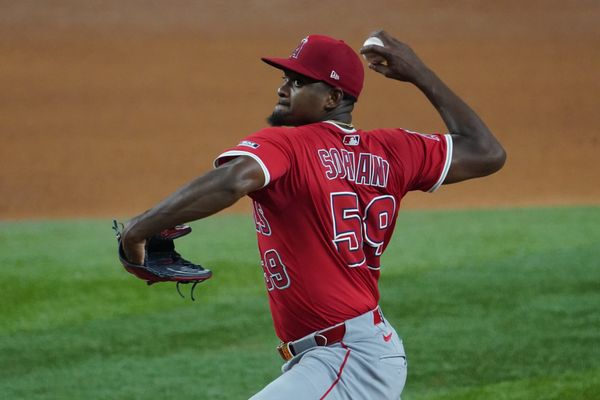 Apr 16, 2025; Arlington, Texas, USA; Los Angeles Angels starting pitcher Jose Soriano (59) throws to the plate during the sixth inning against the Texas Rangers at Globe Life Field. Mandatory Credit: Raymond Carlin III-Imagn Images