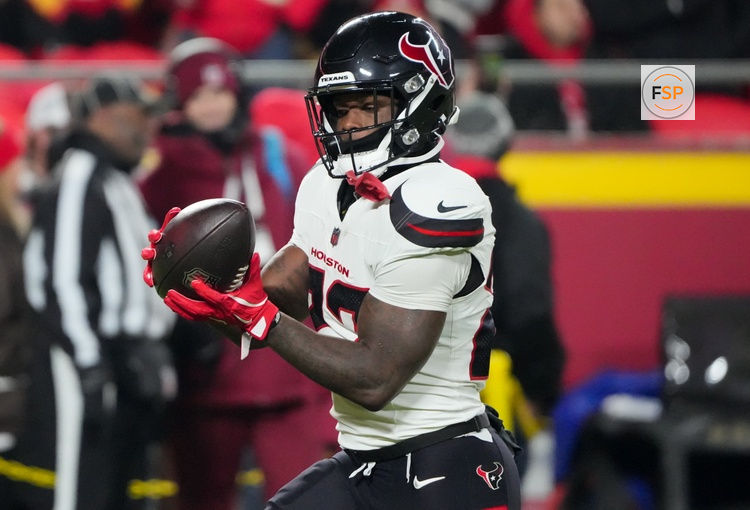 Dec 7, 2025; Kansas City, Missouri, USA; Houston Texans running back Woody Marks (27) warms up prior to the game against the Kansas City Chiefs at GEHA Field at Arrowhead Stadium. Credit: Denny Medley-Imagn Images