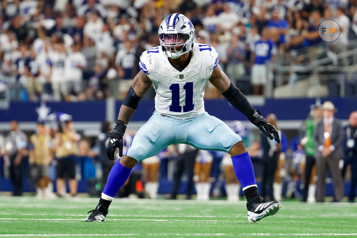 Sep 22, 2024; Arlington, Texas, USA; Dallas Cowboys linebacker Micah Parsons (11) drops back in coverage during the fourth quarter against the Baltimore Ravens at AT&T Stadium. Credit: Andrew Dieb-Imagn Images