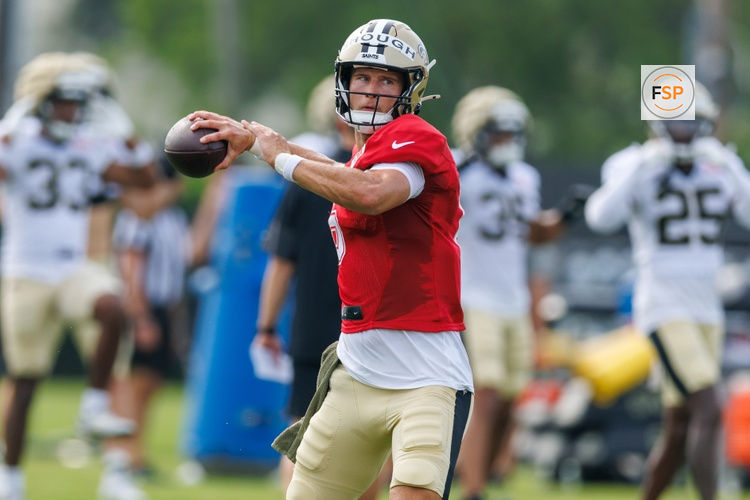 Jul 30, 2025; New Orleans, LA, USA;  New Orleans Saints quarterback Tyler Shough (6) during training camp at Ochsner Sports Performance Center. Credit: Stephen Lew-Imagn Images