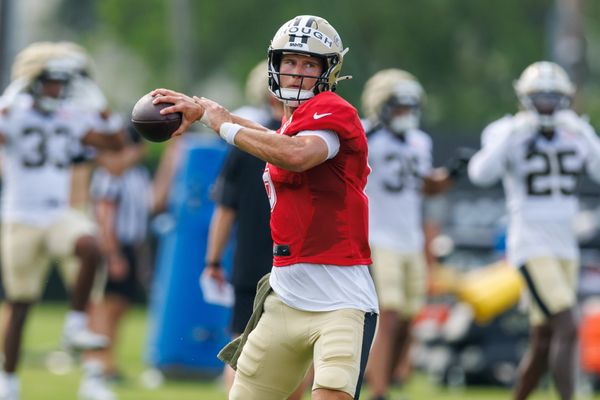 Jul 30, 2025; New Orleans, LA, USA;  New Orleans Saints quarterback Tyler Shough (6) during training camp at Ochsner Sports Performance Center. Mandatory Credit: Stephen Lew-Imagn Images