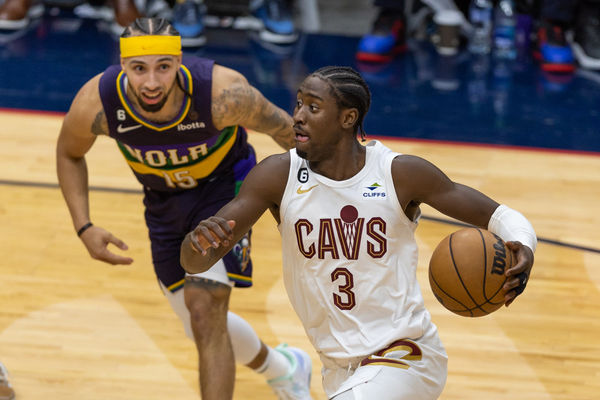 NEW ORLEANS, LA - FEBRUARY 10:  Cleveland Cavaliers guard Caris LeVert (3) dribbles against New Orleans Pelicans guard Jose Alvarado (15)during a NBA game between the New Orleans Pelicans and the Cleveland Cavaliers on February 10, 2023, at Smoothie King Center in New Orleans, LA. (Photo by Stephen Lew/Icon Sportswire)