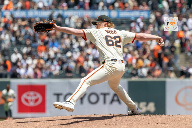 Jun 19, 2025; San Francisco, California, USA; San Francisco Giants pitcher Logan Webb (62) throws a pitch during the first inning against the Cleveland Guardians at Oracle Park. Credit: Bob Kupbens-Imagn Images