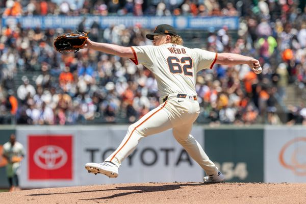 Jun 19, 2025; San Francisco, California, USA; San Francisco Giants pitcher Logan Webb (62) throws a pitch during the first inning against the Cleveland Guardians at Oracle Park. Mandatory Credit: Bob Kupbens-Imagn Images