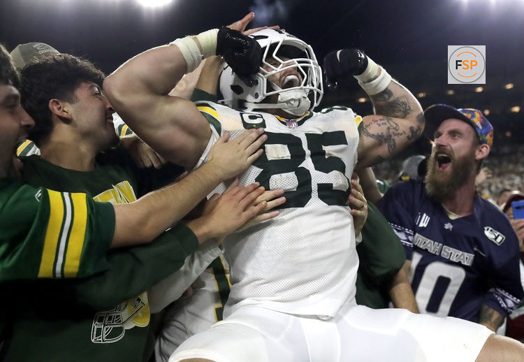 Sep 11, 2025; Green Bay, Wisconsin, USA; Green Bay Packers tight end Tucker Kraft (85) celebrates a touchdown with fans against the Washington Commanders at Lambeau Field. Credit: Wm. Glasheen-USA TODAY Network via Imagn Images