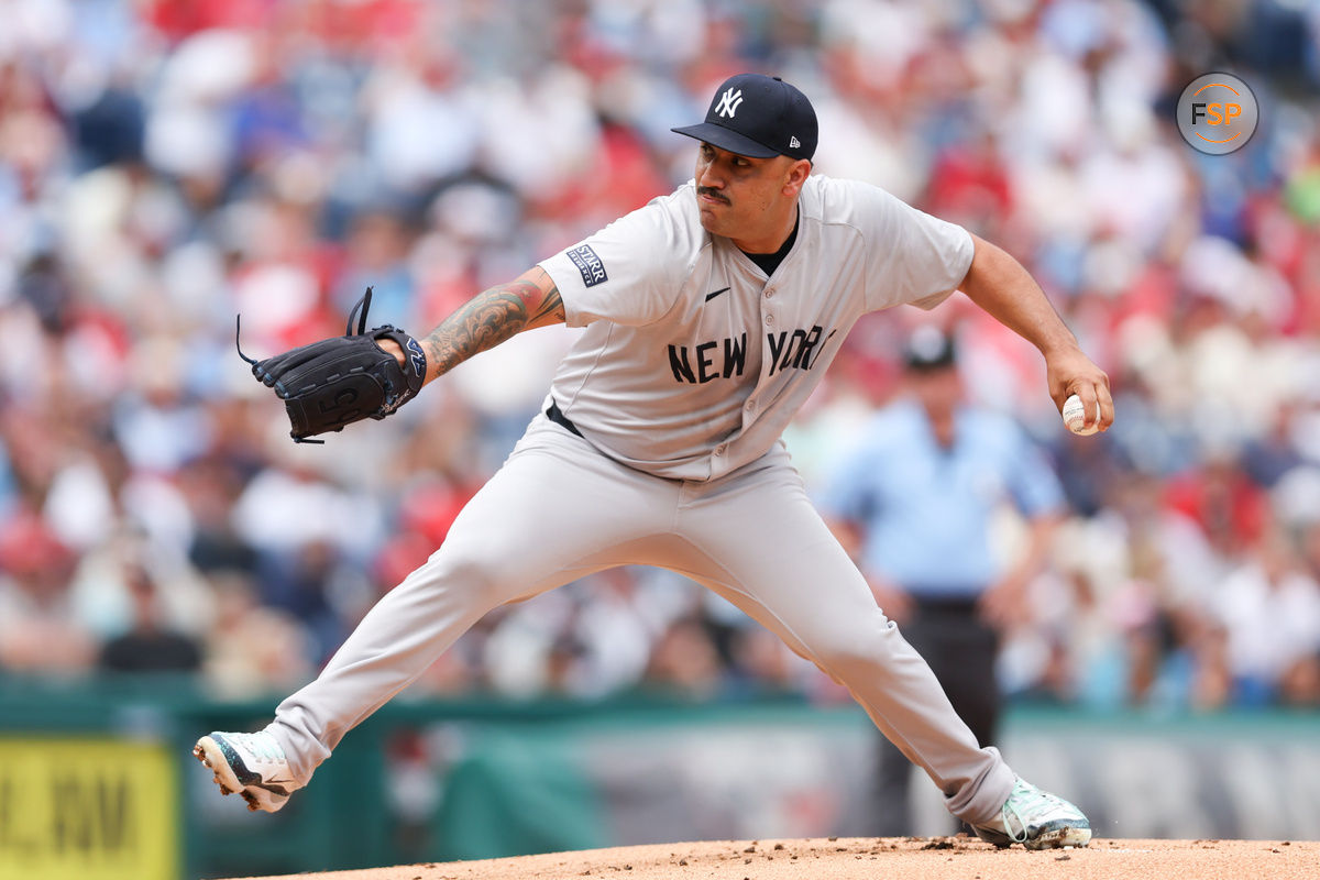 Jul 31, 2024; Philadelphia, Pennsylvania, USA;  New York Yankees pitcher Nestor Cortes (65) throws a pitch during the first inning against the Philadelphia Phillies at Citizens Bank Park. Credit: Bill Streicher-USA TODAY Sports