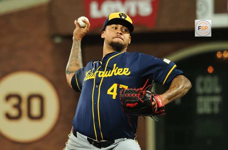 Sep 12, 2024; San Francisco, California, USA; Milwaukee Brewers starting pitcher Frankie Montas (47) pitches the ball against the San Francisco Giants during the sixth inning at Oracle Park. Credit: Kelley L Cox-Imagn Images