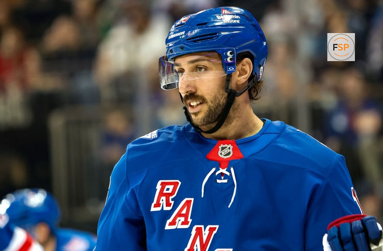 Apr 4, 2026; New York, New York, USA; New York Rangers center Vincent Trocheck (16) skates against the Detroit Red Wings during the first period at Madison Square Garden. Credit: Danny Wild-Imagn Images