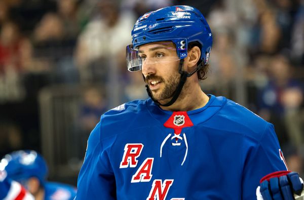Apr 4, 2026; New York, New York, USA; New York Rangers center Vincent Trocheck (16) skates against the Detroit Red Wings during the first period at Madison Square Garden. Mandatory Credit: Danny Wild-Imagn Images