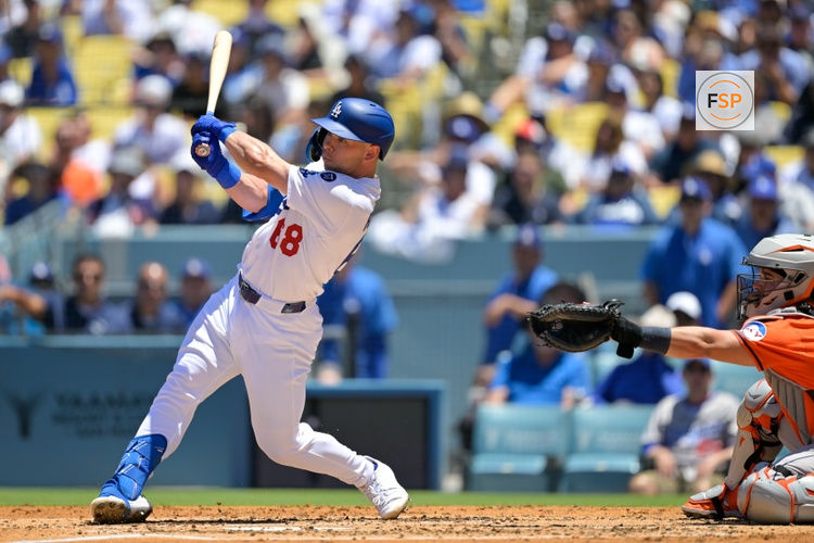 Jul 6, 2025; Los Angeles, California, USA; Los Angeles Dodgers catcher Dalton Rushing (68) hits an RBI double against the Houston Astros during the second inning of the game at Dodger Stadium. Credit: Jayne Kamin-Oncea-Imagn Images