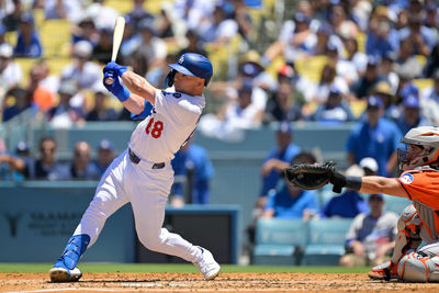 Jul 6, 2025; Los Angeles, California, USA; Los Angeles Dodgers catcher Dalton Rushing (68) hits an RBI double against the Houston Astros during the second inning of the game at Dodger Stadium. Mandatory Credit: Jayne Kamin-Oncea-Imagn Images