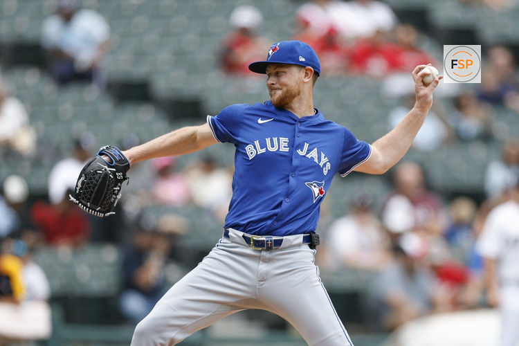 Jul 9, 2025; Chicago, Illinois, USA; Toronto Blue Jays starting pitcher Eric Lauer (56) delivers a pitch against the Chicago White Sox during the first inning at Rate Field. Credit: Kamil Krzaczynski-Imagn Images