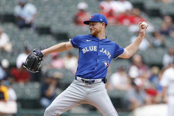 Jul 9, 2025; Chicago, Illinois, USA; Toronto Blue Jays starting pitcher Eric Lauer (56) delivers a pitch against the Chicago White Sox during the first inning at Rate Field. Mandatory Credit: Kamil Krzaczynski-Imagn Images