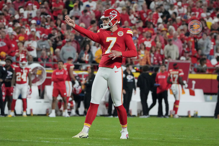 Oct 7, 2024; Kansas City, Missouri, USA; Kansas City Chiefs place kicker Harrison Butker (7) prepares to kick a field goal against the New Orleans Saints during the game at GEHA Field at Arrowhead Stadium. Credit: Denny Medley-Imagn Images