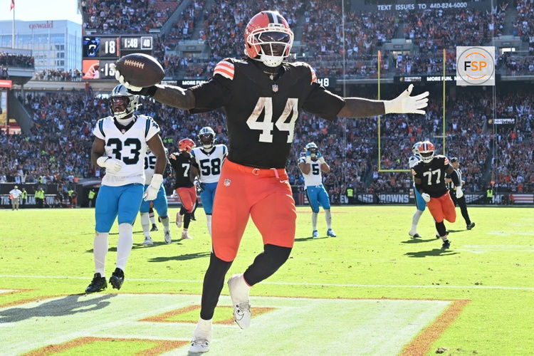 Sep 27, 2026; Cleveland, Ohio, USA;  Cleveland Browns tight end Harold Fannin Jr. (44) celebrates after scoring a touchdown against the Carolina Panthers during the fourth quarter at Huntington Bank Field.  Credit: Ken Blaze-Imagn Images