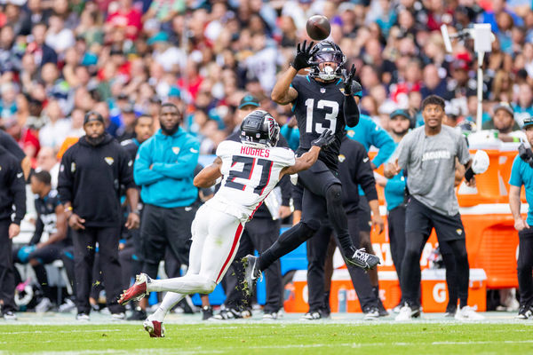LONDON, ENG - OCTOBER 01: Jacksonville Jaguars wide receiver Christian Kirk (13) catches a pass on the sidelines during the NFL international series game between the Jacksonville Jaguars and Atlanta Falcons on October 1, 2023 at Wembley Stadium in London, United Kingdom. (Photo by Bob Kupbens/Icon Sportswire)