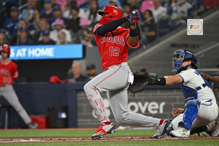 May 9, 2026; Toronto, Ontario, CAN; Los Angeles Angels designated hitter Jorge Soler (12) hits a double in the second inning against the Los Angeles Angels at Rogers Centre. Credit: Gerry Angus-Imagn Images