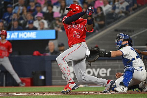 May 9, 2026; Toronto, Ontario, CAN; Los Angeles Angels designated hitter Jorge Soler (12) hits a double in the second inning against the Los Angeles Angels at Rogers Centre. Mandatory Credit: Gerry Angus-Imagn Images