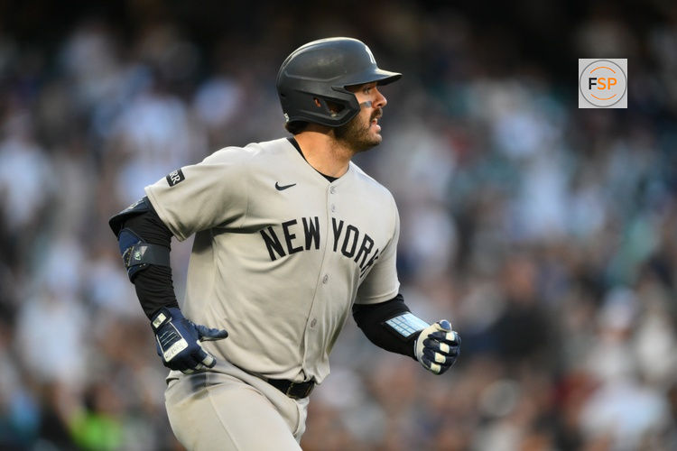 May 12, 2025; Seattle, Washington, USA; New York Yankees catcher Austin Wells (28) runs the bases after hitting a 3-run home run against the Seattle Mariners during the fifth inning at T-Mobile Park. Credit: Steven Bisig-Imagn Images