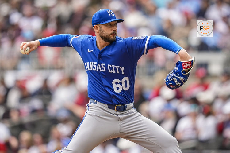 Mar 29, 2026; Cumberland, Georgia, USA; Kansas City Royals pitcher Lucas Erceg (60) pitches against the Atlanta Braves during the ninth inning at Truist Park. Credit: Dale Zanine-Imagn Images