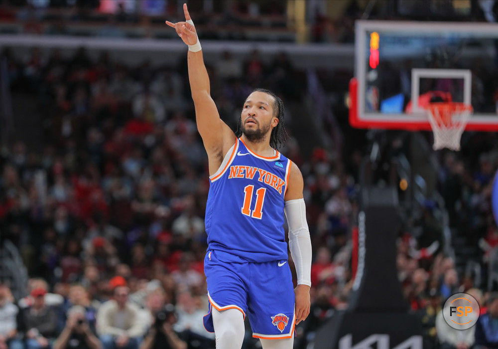 CHICAGO, IL - APRIL 09: Jalen Brunson #11 of the New York Knicks reacts after making a 3-point basket during the second half against the Chicago Bulls at the United Center on April 9,2024 in Chicago. (Photo by Melissa Tamez/Icon Sportswire)
