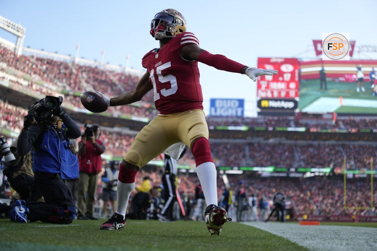 Dec 14, 2025; Santa Clara, California, USA;  San Francisco 49ers wide receiver Jauan Jennings (15) celebrates scoring a touchdown against Tennessee Titans during the third quarter at Levi's Stadium. Credit: Kyle Terada-Imagn Images