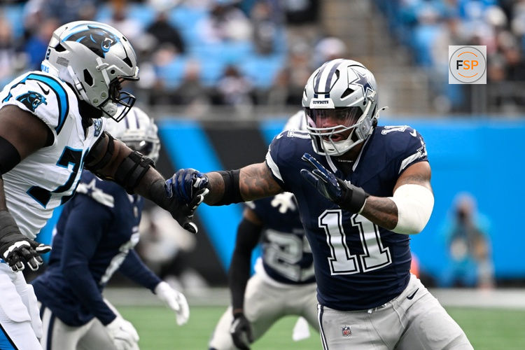 Dec 15, 2024; Charlotte, North Carolina, USA;  Dallas Cowboys linebacker Micah Parsons (11) rushes as Carolina Panthers offensive tackle Taylor Moton (72) defends in the first quarter at Bank of America Stadium. Credit: Bob Donnan-Imagn Images