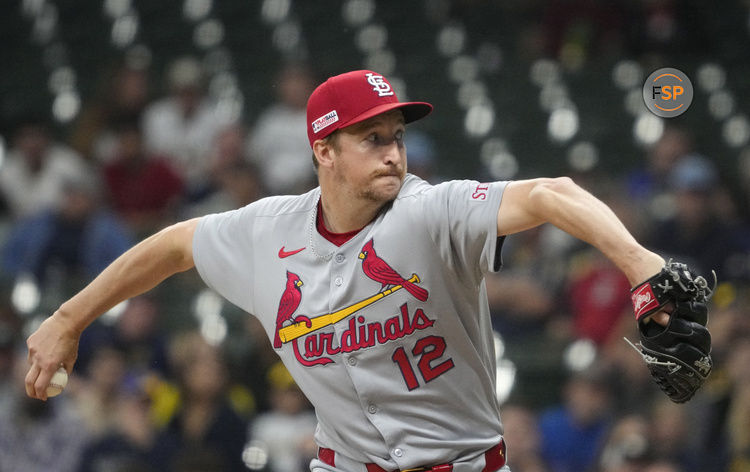 Jun 13, 2025; Milwaukee, Wisconsin, USA; St. Louis Cardinals pitcher Erick Fedde (12) delivers a pitch against the Milwaukee Brewers in then first inning at American Family Field. Credit: Michael McLoone-Imagn Images