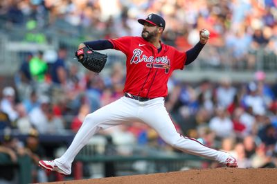 Jun 5, 2026; Atlanta, Georgia, USA; Atlanta Braves pitcher Martin Perez (33) throws against the Pittsburgh Pirates in the first inning at Truist Park. Mandatory Credit: Brett Davis-Imagn Images
