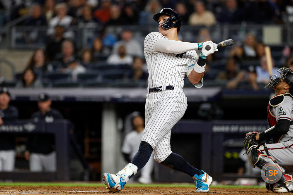 BRONX, NY - SEPTEMBER 22: New York Yankees right fielder Aaron Judge (99) swings the bat in the fifth inning during a regular season game between the Arizona Diamondbacks and New York Yankees on September 22, 2023 at Yankee Stadium in the Bronx, New York. (Photo by Brandon Sloter/Icon Sportswire)