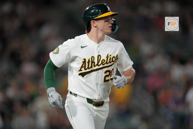 Aug 10, 2026; West Sacramento, California, USA; Athletics third baseman Zack Gelof (20) looks towards the outfield after hitting an RBI double against the Tampa Bay Rays in the seventh inning at Sutter Health Park. Credit: Cary Edmondson-Imagn Images