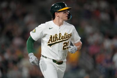 Aug 10, 2026; West Sacramento, California, USA; Athletics third baseman Zack Gelof (20) looks towards the outfield after hitting an RBI double against the Tampa Bay Rays in the seventh inning at Sutter Health Park. Mandatory Credit: Cary Edmondson-Imagn Images