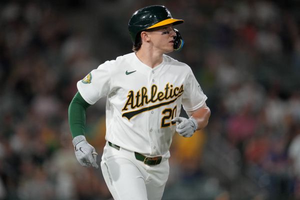 Aug 10, 2026; West Sacramento, California, USA; Athletics third baseman Zack Gelof (20) looks towards the outfield after hitting an RBI double against the Tampa Bay Rays in the seventh inning at Sutter Health Park. Mandatory Credit: Cary Edmondson-Imagn Images