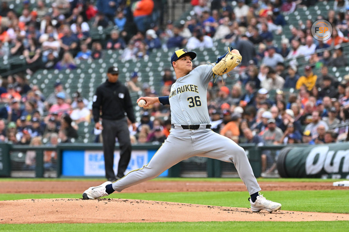 DETROIT, MI - JUNE 07: Milwaukee Brewers pitcher Tobias Myers (36) pitches in the second inning during the Detroit Tigers versus the Milwaukee Brewers game on Tuesday June 7, 2024 at Comerica Park in Detroit, MI. (Photo by Steven King/Icon Sportswire)