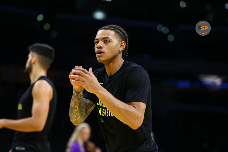 LOS ANGELES, CA - NOVEMBER 21: Utah Jazz guard Keyonte George (3) waits for the ball during the Utah Jazz vs Los Angeles Lakers game on November 21, 2023, at Crypto.com Arena in Los Angeles, CA. (Photo by Jevone Moore/Icon Sportswire)